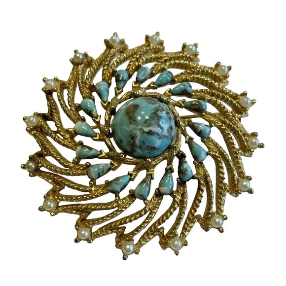 Vintage Sarah Coventry Brooch Mod Mid Century Faux Turquoise & Pearl Swirl Pin - Picture 1 of 5